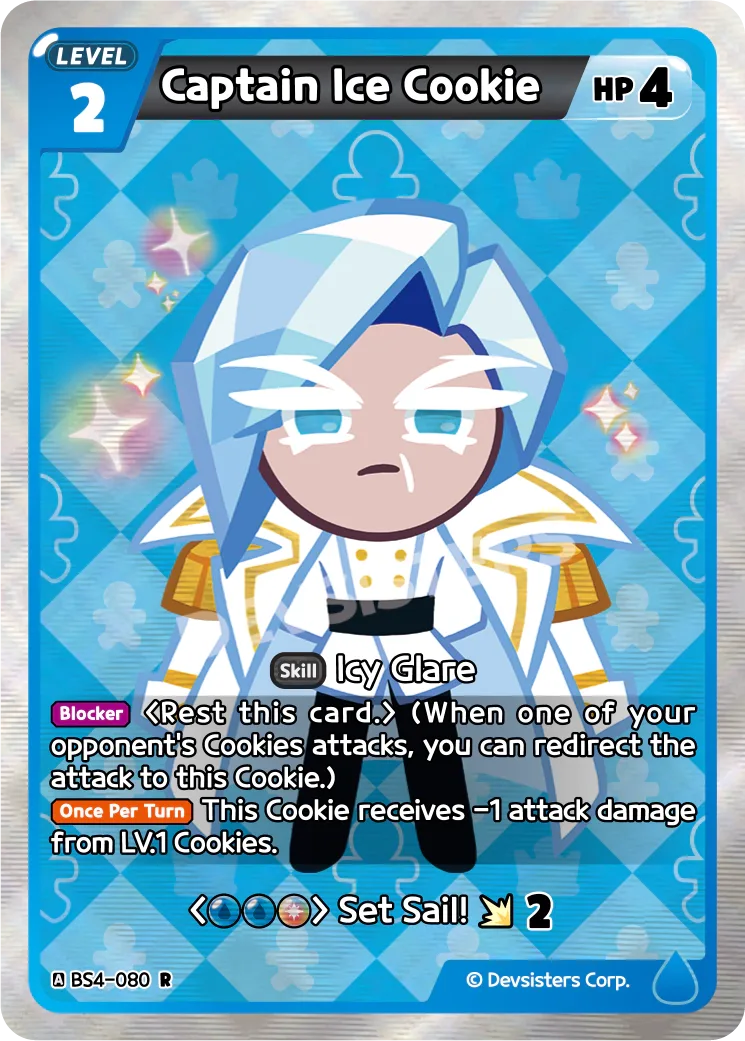 Official Captain Ice Cookie card (BS4-080), a Level 2 Blue Rare with 4 HP showing an icy pale-blue-haired Cookie in a white captain's coat with gold epaulettes; its Blocker skill costs Rest this card and redirects an opposing attack to itself.