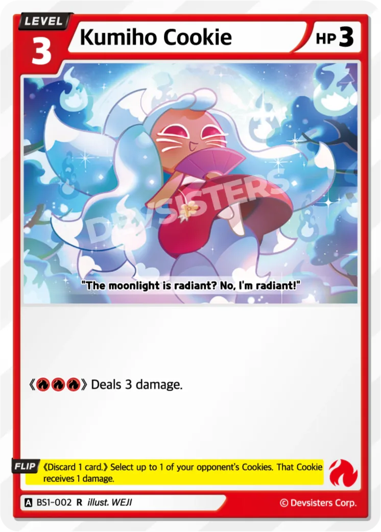 Official Kumiho Cookie card (BS1-002), a Level 3 Red FLIP card with 3 HP showing a fox-spirit Cookie with flowing white tails and a pink fan under a full moon; its FLIP strip reads discard 1 card, then 1 damage to up to 1 opposing Cookie.