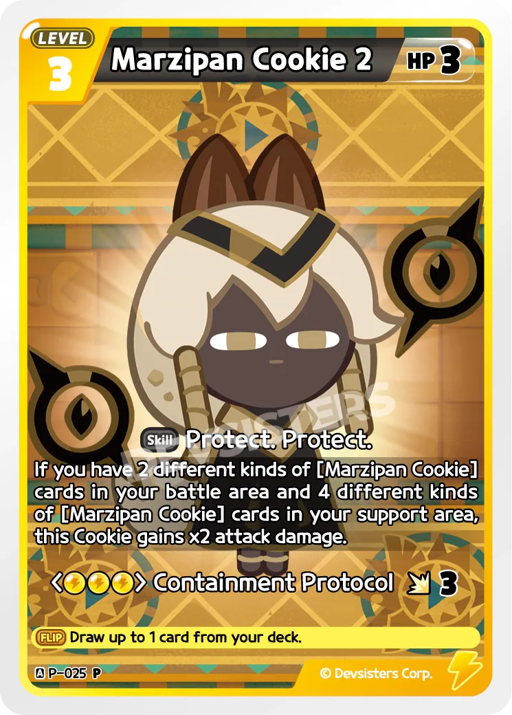 Official Marzipan Cookie 2 promo card (P-025), a Level 3 Yellow FLIP card with 3 HP showing a dark-faced Cookie with white hair and tall brown ears against gold Egyptian-style tiles; its skill gives it x2 attack damage with two kinds of Marzipan Cookie in the battle area and four in the support area.