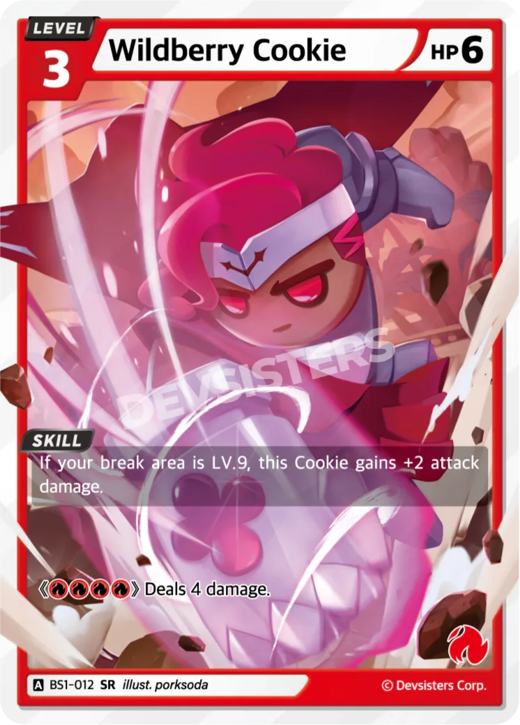 Official Wildberry Cookie card (BS1-012), a Level 3 Red Super Rare with 6 HP showing a red-haired Cookie in a headband swinging a huge clover-marked shield; its skill adds +2 attack damage to its 4-damage attack if your break area is LV.9.