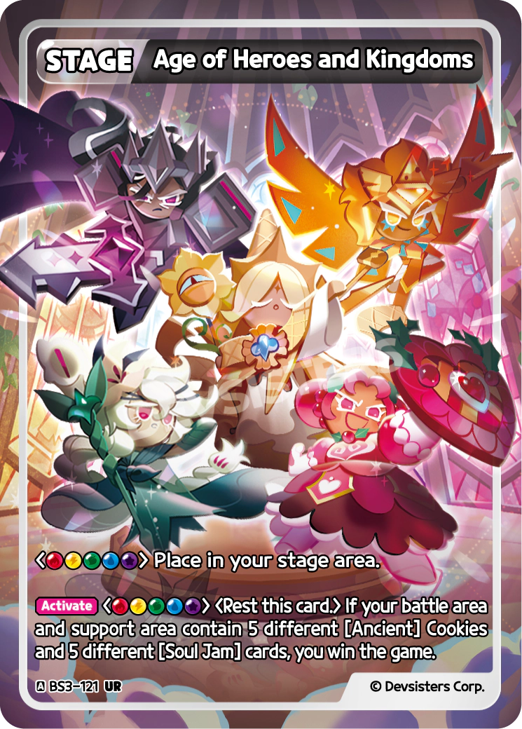Official Age of Heroes and Kingdoms card (BS3-121), a Pure Stage with a five-color cost and an alternate win condition built around Ancient Cookies and Soul Jam cards.