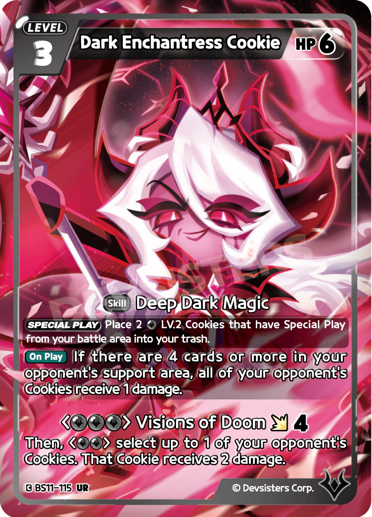 Official Dark Enchantress Cookie card (BS11-115), the Genesis Extra Rare that headlines the Black card group in Cookie Run: Braverse, with a Black {K} energy cost and a Special Play sacrifice ability.