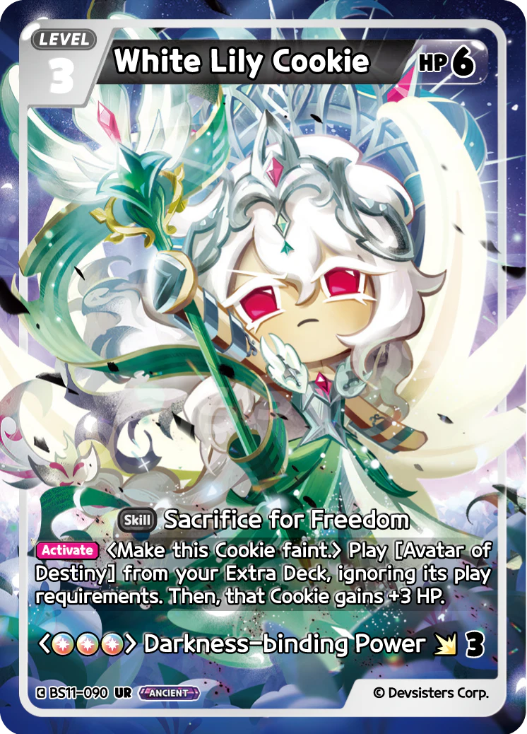 Official White Lily Cookie card (BS11-090), a Pure Ancient Cookie costing PURE energy that can faint herself to play Avatar of Destiny from the Extra Deck.