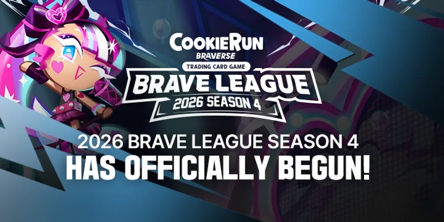 Official CookieRun: Braverse banner reading "2026 Brave League Season 4 has officially begun!" under the Brave League 2026 Season 4 logo, with a Cookie with pink-and-white streaked hair, a heart-charm bow and a pink heart on one cheek holding a bat on the left, against angled blue stripes.