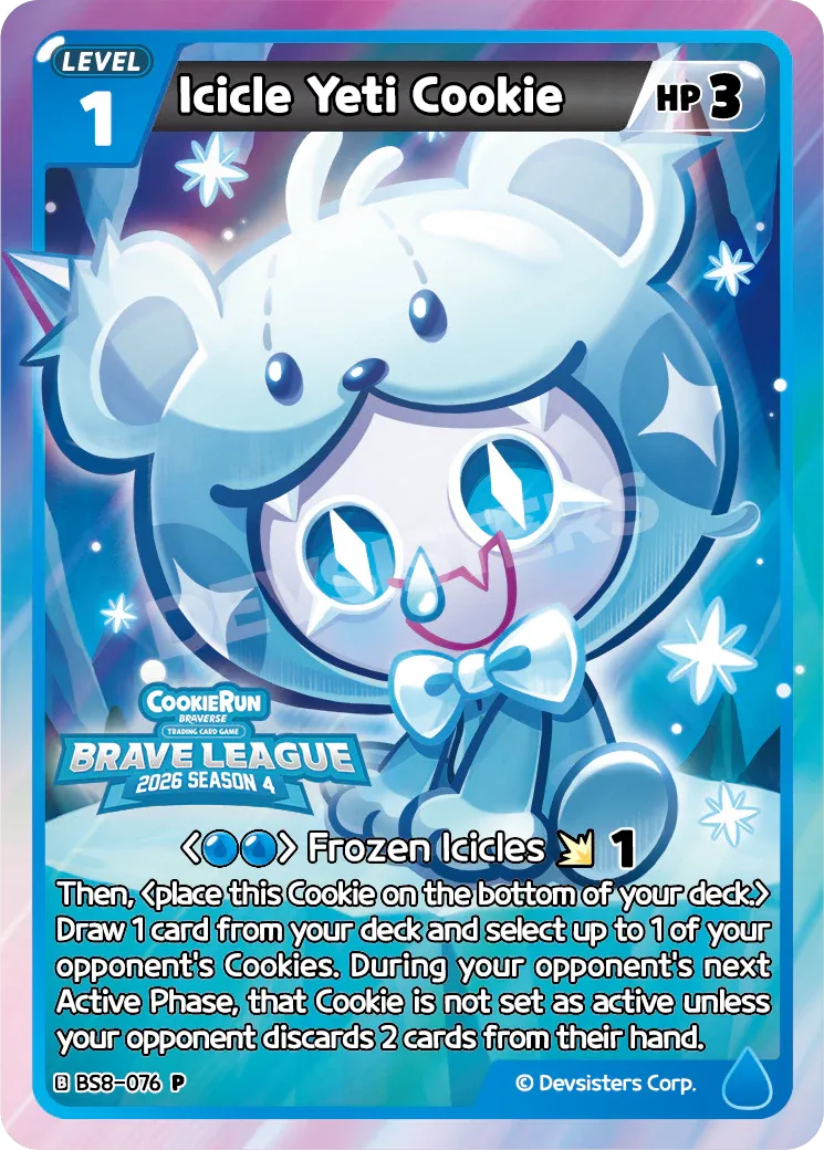 Official Icicle Yeti Cookie promo card (BS8-076@2), a Blue Level 1 Cookie with 3 HP, showing a Cookie in a fluffy white yeti hood with a blue bow tie among snowflakes, with the Brave League 2026 Season 4 logo stamped above its Frozen Icicles attack.