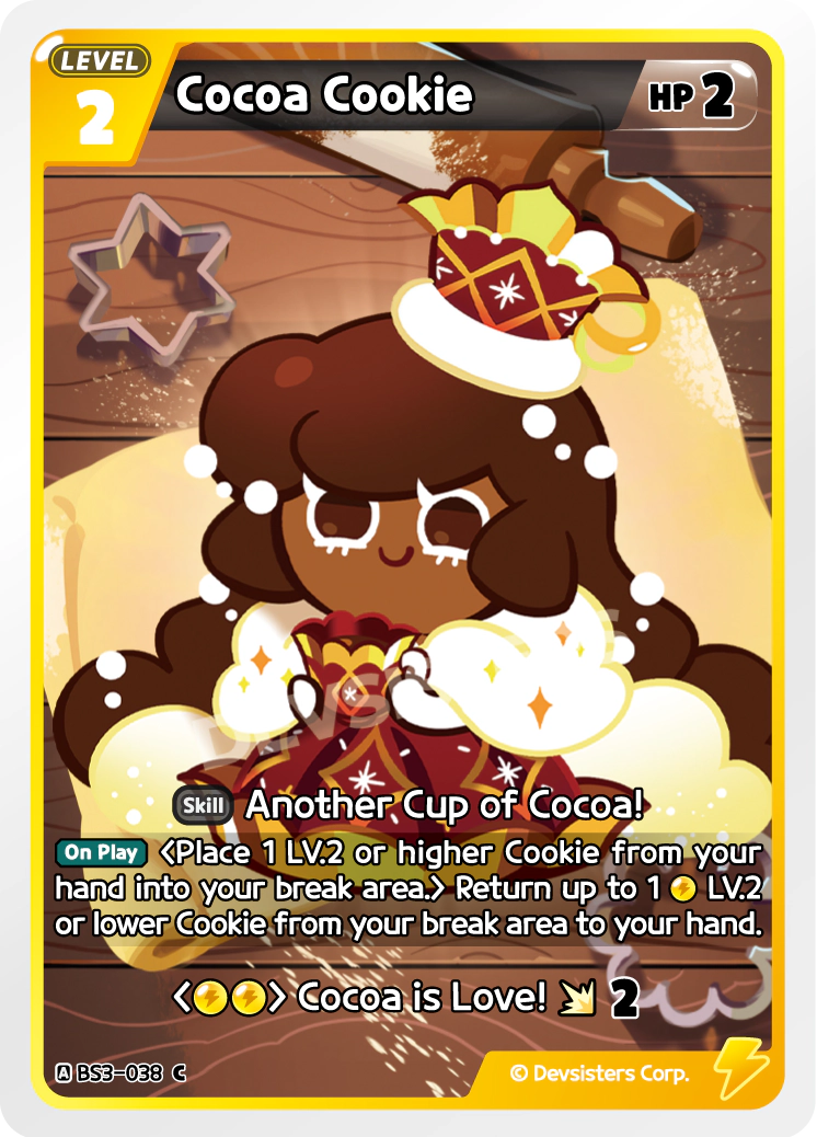 Official Cocoa Cookie card BS3-038 from Cookie Run: Braverse, a Yellow LV.2 Cookie with 2 HP that pitches a LV.2 or higher Cookie from hand into the break area to return a Yellow LV.2 or lower Cookie from the break area to your hand.