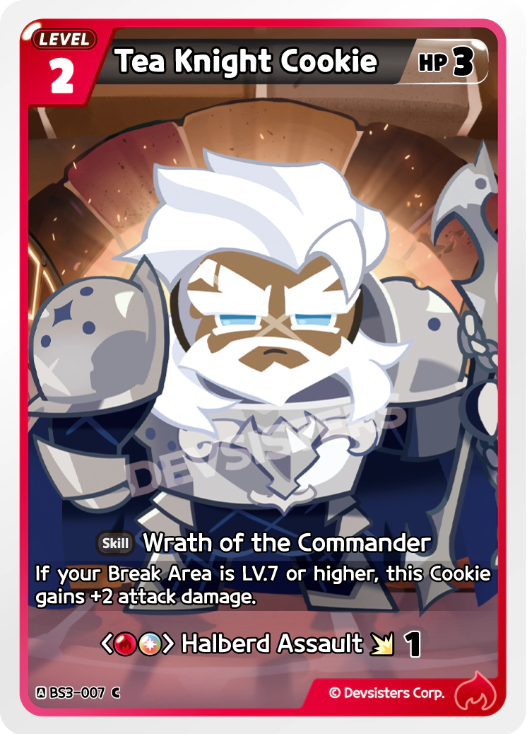 Official Tea Knight Cookie card BS3-007 from Cookie Run: Braverse, a Red LV.2 Cookie with 3 HP whose skill Wrath of the Commander grants +2 attack damage when your break area is LV.7 or higher.