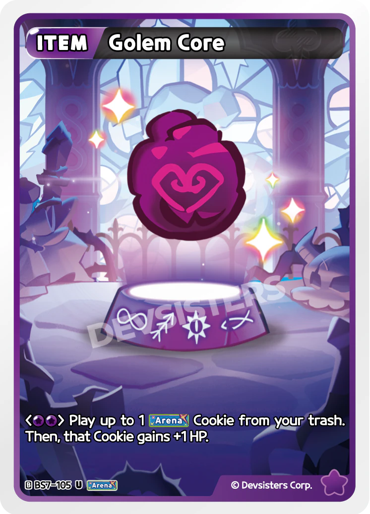 Official Golem Core card (BS7-105), a Purple Item that plays an Arena Cookie from your trash and gives it +1 HP - the on-demand replay that keeps a Cookie Run: Braverse combo deck refilling its board.