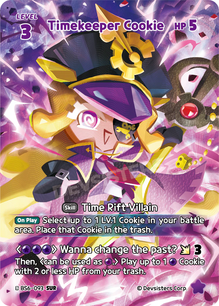 Official Timekeeper Cookie card (BS6-093), a Purple LV.3 Cookie that sends one of your own LV.1 Cookies to the trash on play, then plays a low-HP {P} Cookie back from the trash on attack - the setup-and-replay heart of a Cookie Run: Braverse combo deck.