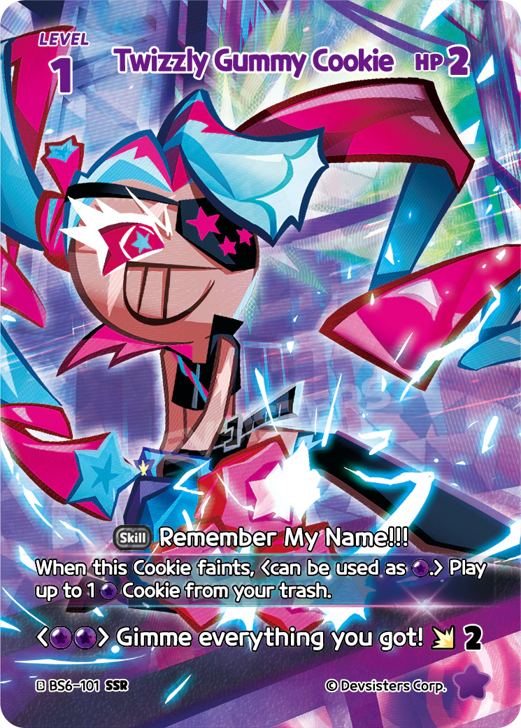 Official Twizzly Gummy Cookie card (BS6-101), a Purple LV.1 Cookie that plays a {P} Cookie from your trash when it faints - the loop engine at the heart of a Cookie Run: Braverse recursion combo deck.