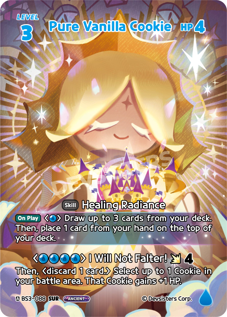 Official Pure Vanilla Cookie card (BS3-088), a Blue LV.3 Ancient Cookie whose skill draws 3 cards - the late-game draw engine at the heart of a Cookie Run: Braverse control deck.