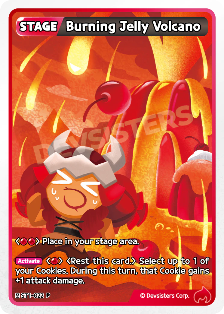 The full-art promotional printing of Burning Jelly Volcano (ST1-022), showing the same card number with the corrected text 'Select up to 1 of your Cookies' over full-bleed volcano artwork.