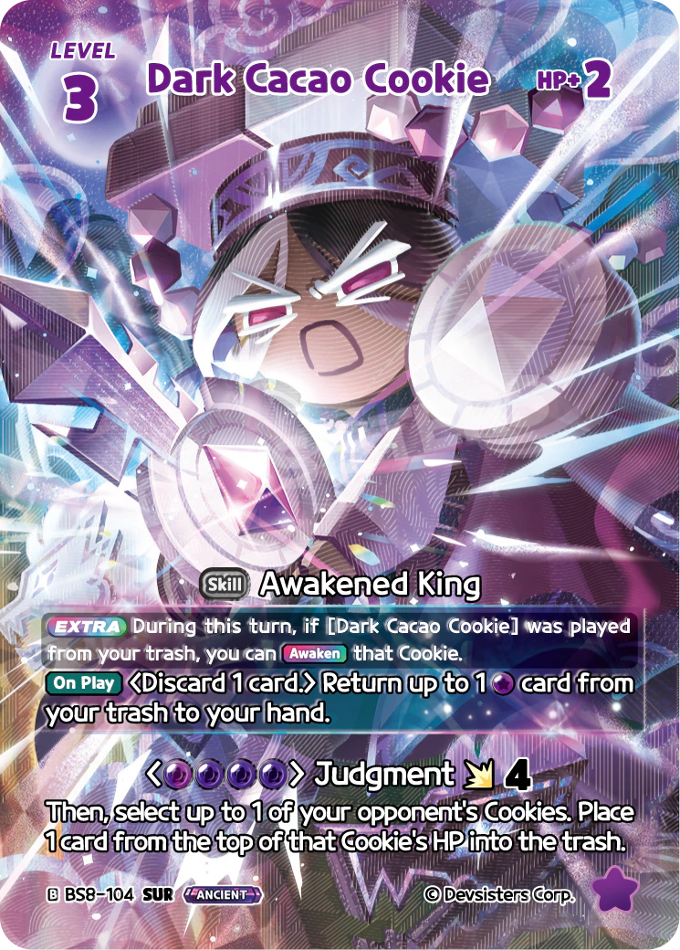 Official Dark Cacao Cookie card (BS8-104), a Level-3 Purple EXTRA card that carries the Ancient keyword in Cookie Run: Braverse.