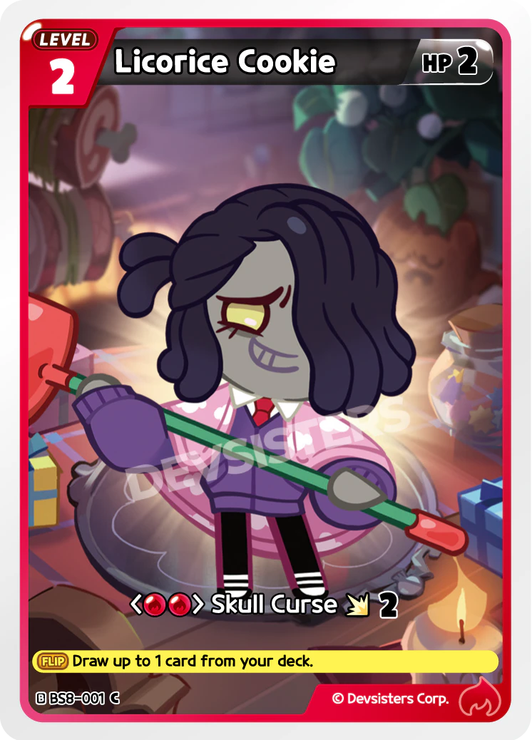 Official Licorice Cookie card (BS8-001), a Red FLIP-type card whose flip ability draws a card when it is flipped face-up in a Cookie Run: Braverse HP stack.