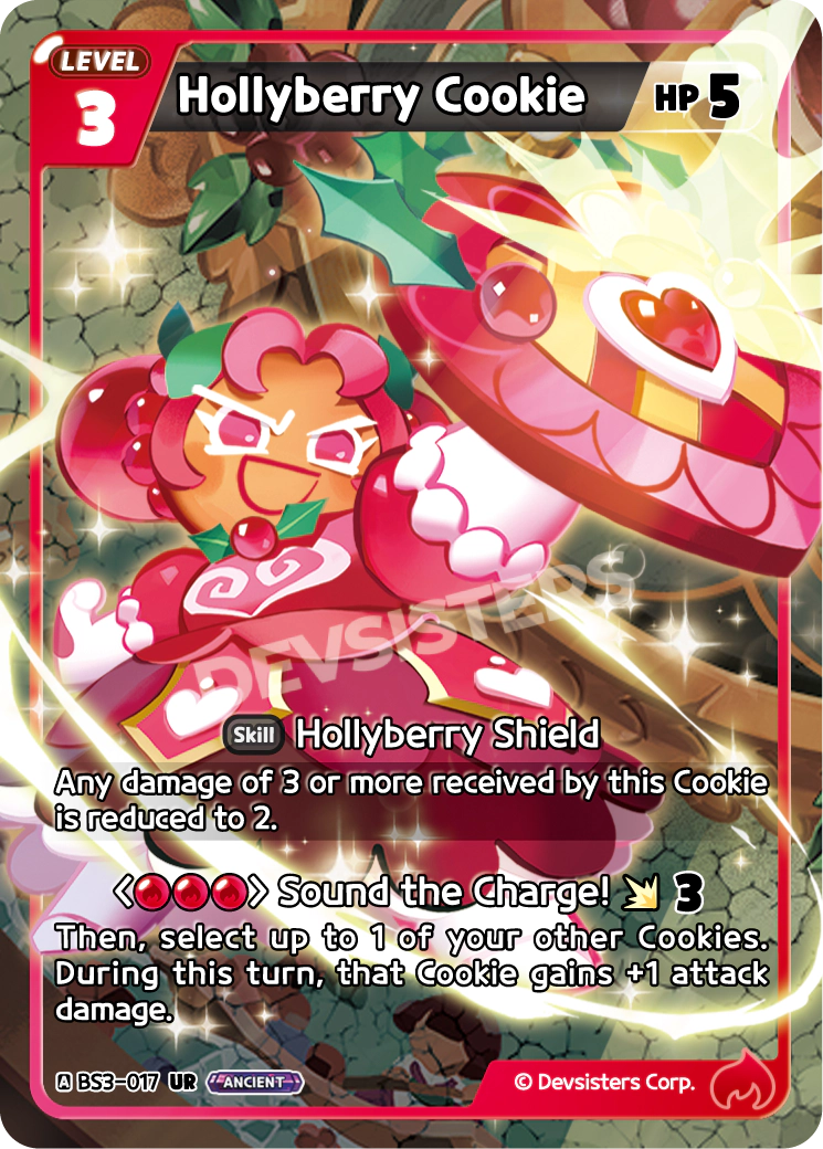 Official Hollyberry Cookie card (BS3-017), an Ultra Rare Red Ancient Cookie showing how the Ancient trait keyword appears on a card in Cookie Run: Braverse.