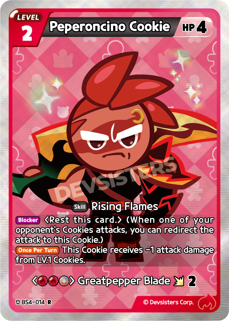 Official Peperoncino Cookie card (BS4-014), a Red LV.2 Cookie that carries the Blocker ability to redirect an opponent's attack to itself in Cookie Run: Braverse.