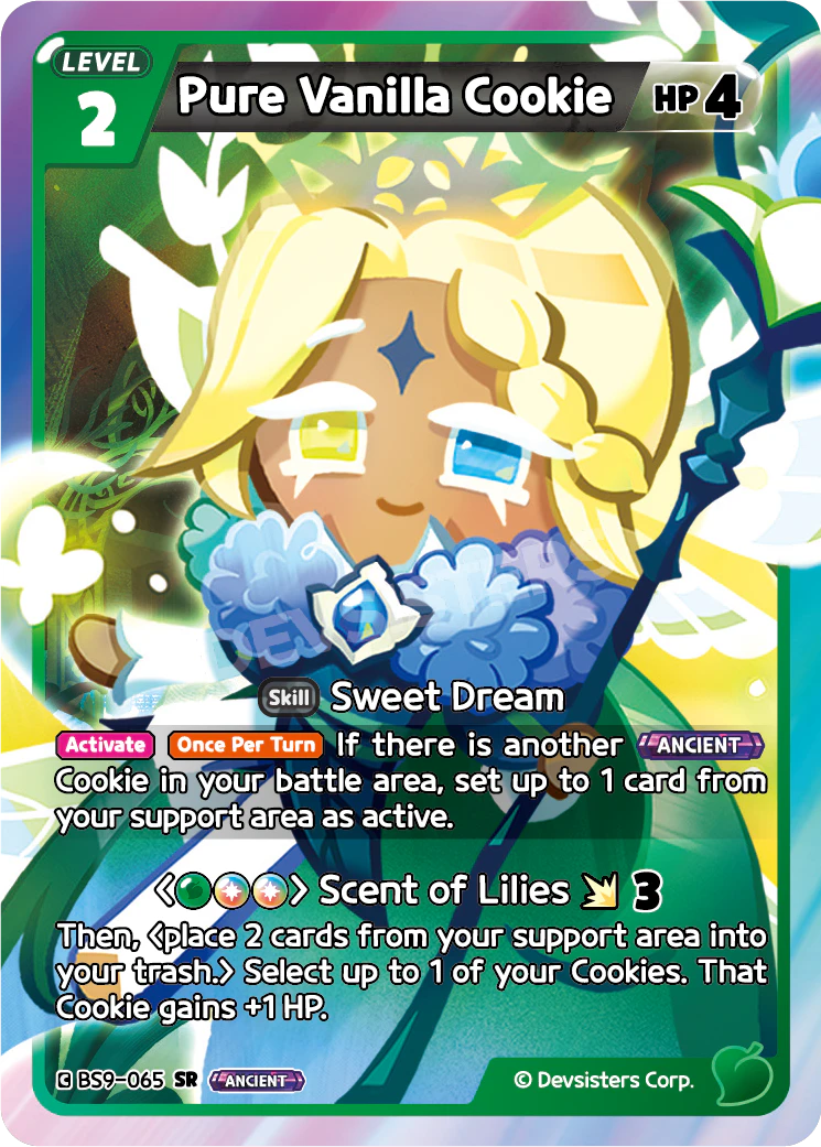 Pure Vanilla Cookie (BS9-065), a Level 2 Green Ancient Cookie with 4 HP that sets a Support card active and heals a Cookie when it attacks.