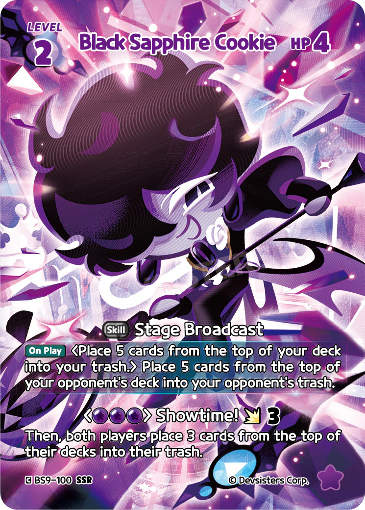 Official Black Sapphire Cookie card (BS9-100), a Purple LV.2 Cookie whose On Play mills five cards off the opponent's deck into their trash - the headline mill engine of a Cookie Run: Braverse deck-out deck.