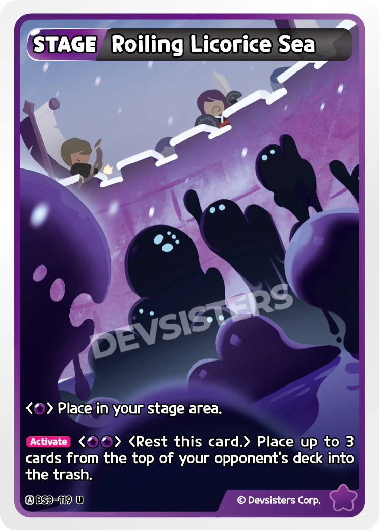 Official Roiling Licorice Sea card (BS3-119), a Purple Stage you rest each turn to mill three cards off the opponent's deck - the steady, repeatable mill drip of a Cookie Run: Braverse deck-out deck.