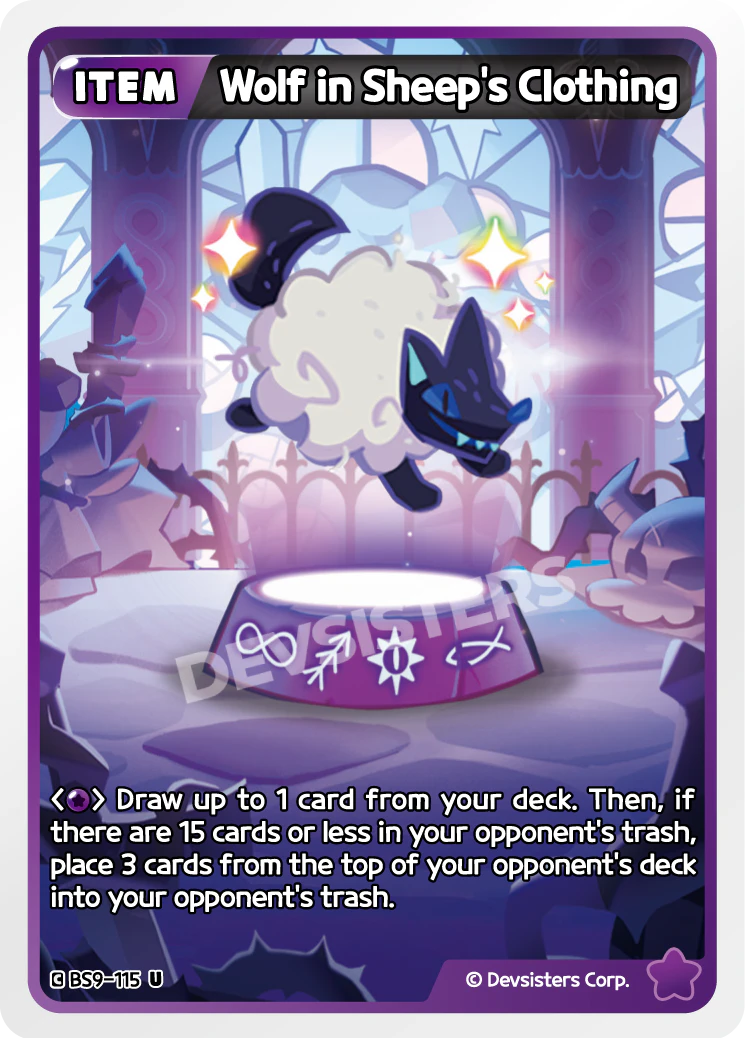 Official Wolf in Sheep's Clothing card (BS9-115), a Purple Item that draws you a card and mills three off the opponent's deck - the smooth, repeatable cantrip-mill of a Cookie Run: Braverse deck-out deck.