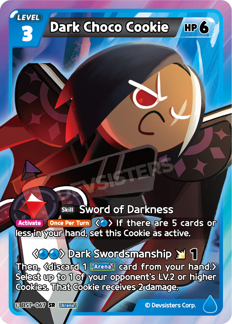 Dark Choco Cookie, a Blue Level-3 whose Sword of Darkness skill re-activates him for a single {B}.