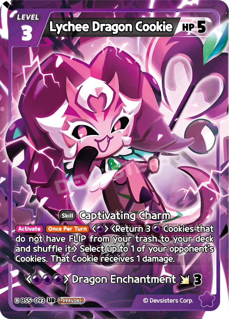 Lychee Dragon Cookie, a Purple Level-3 whose Captivating Charm returns three Purple Cookies from the trash to the deck for {P}.