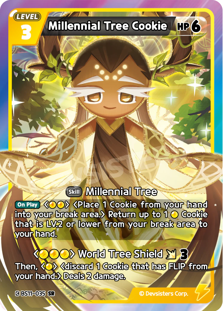 Millennial Tree Cookie, a Yellow Level-3 whose World Tree Shield attack costs {Y}{Y}{Y} - the kind of triple-colored payoff only a mono-color base casts on time.