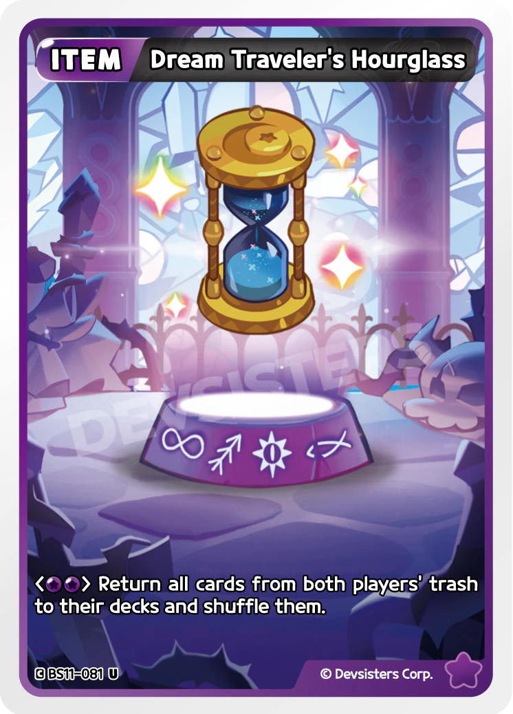 Official Dream Traveler's Hourglass card (BS11-081), the Purple Item from The Dark Enchantress War that shuffles both players' trash back into their decks - the poster child for Braverse mainboard tech.