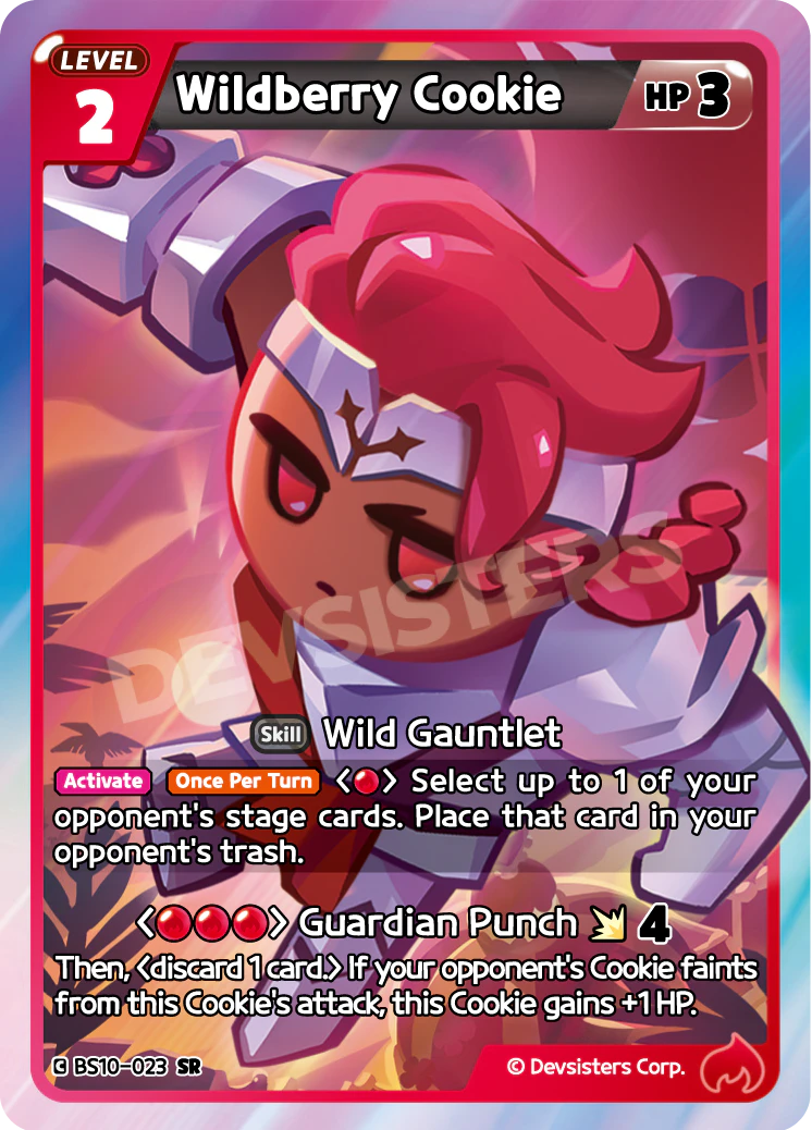 Official Wildberry Cookie card (BS10-023), a Super Rare Red LV.2 Cookie whose once-per-turn skill trashes an opposing stage card for one Red energy.