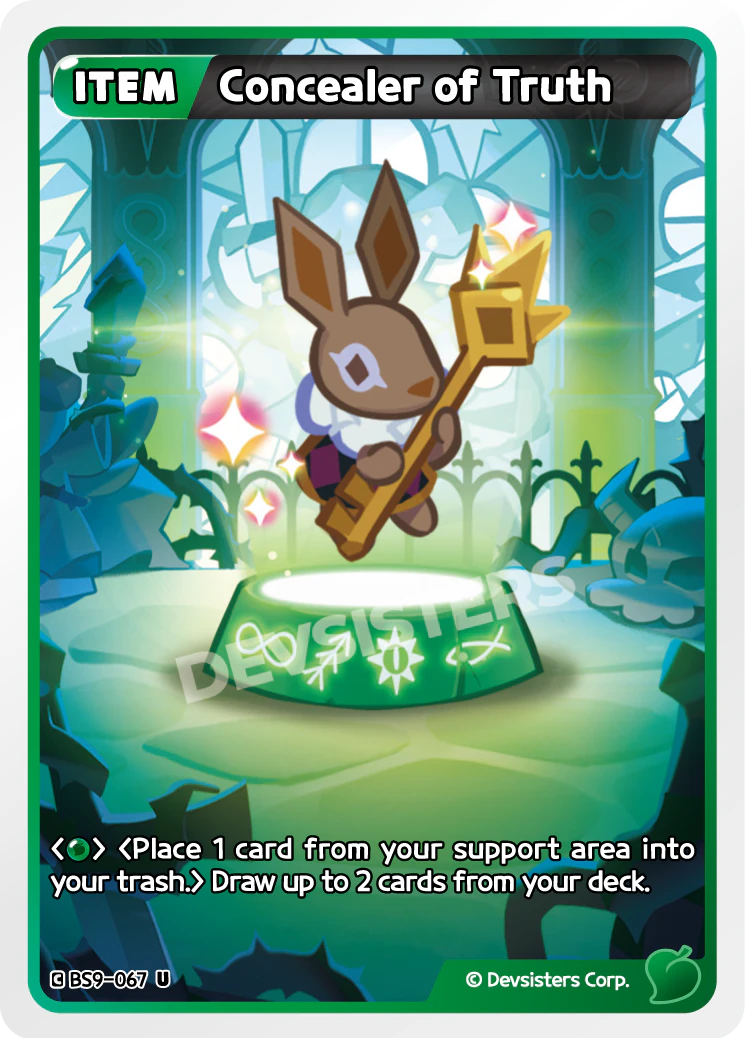 Official Concealer of Truth card (BS9-067), a Green Item that trashes a support card to draw up to two cards - consistency tech that digs to your answers