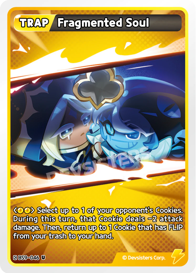 Official Fragmented Soul card (BS9-046), a Yellow Trap in Cookie Run: Braverse that reduces an opponent's Cookie attack damage by 2 and returns a FLIP Cookie from your trash to hand - a textbook double-duty tech card.