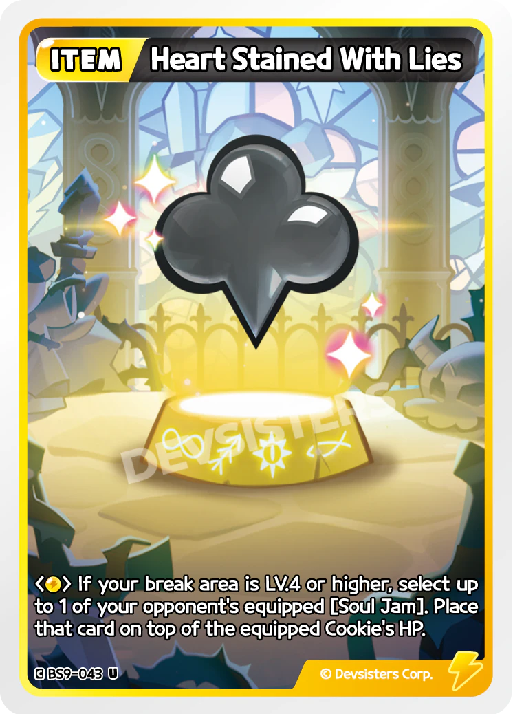 Official Heart Stained With Lies card (BS9-043), a Yellow Item that removes an opponent's Equipped Soul Jam - a targeted hate card