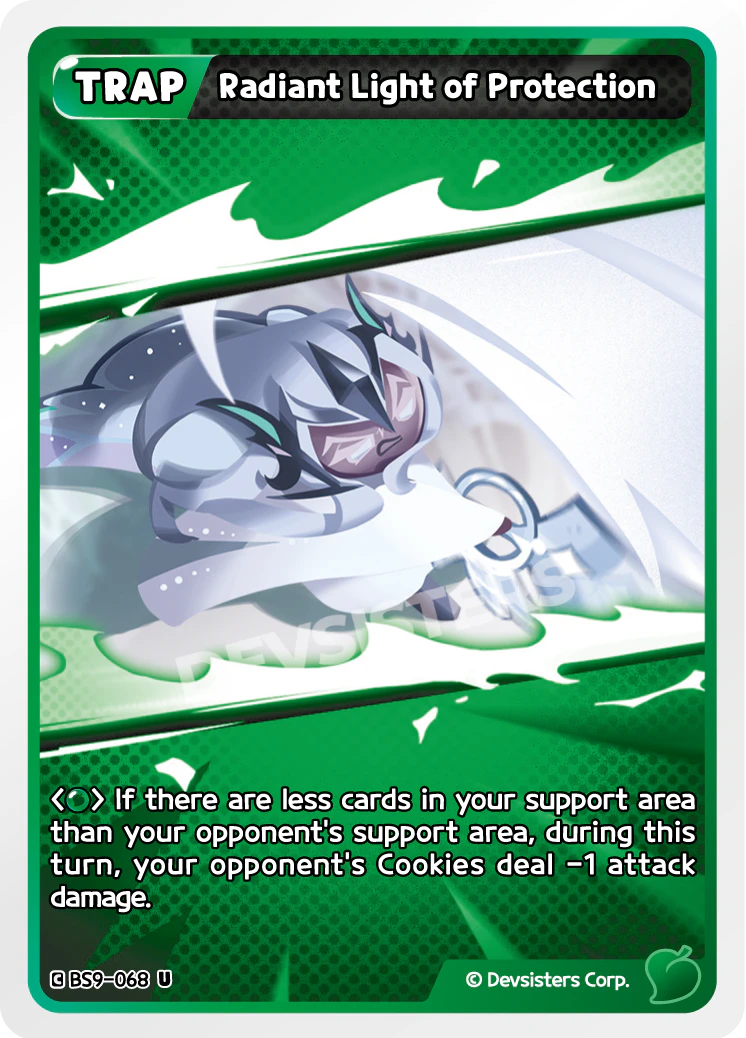 Official Radiant Light of Protection card (BS9-068), a Green Trap that drops all of an opponent's Cookies to -1 attack damage for the turn