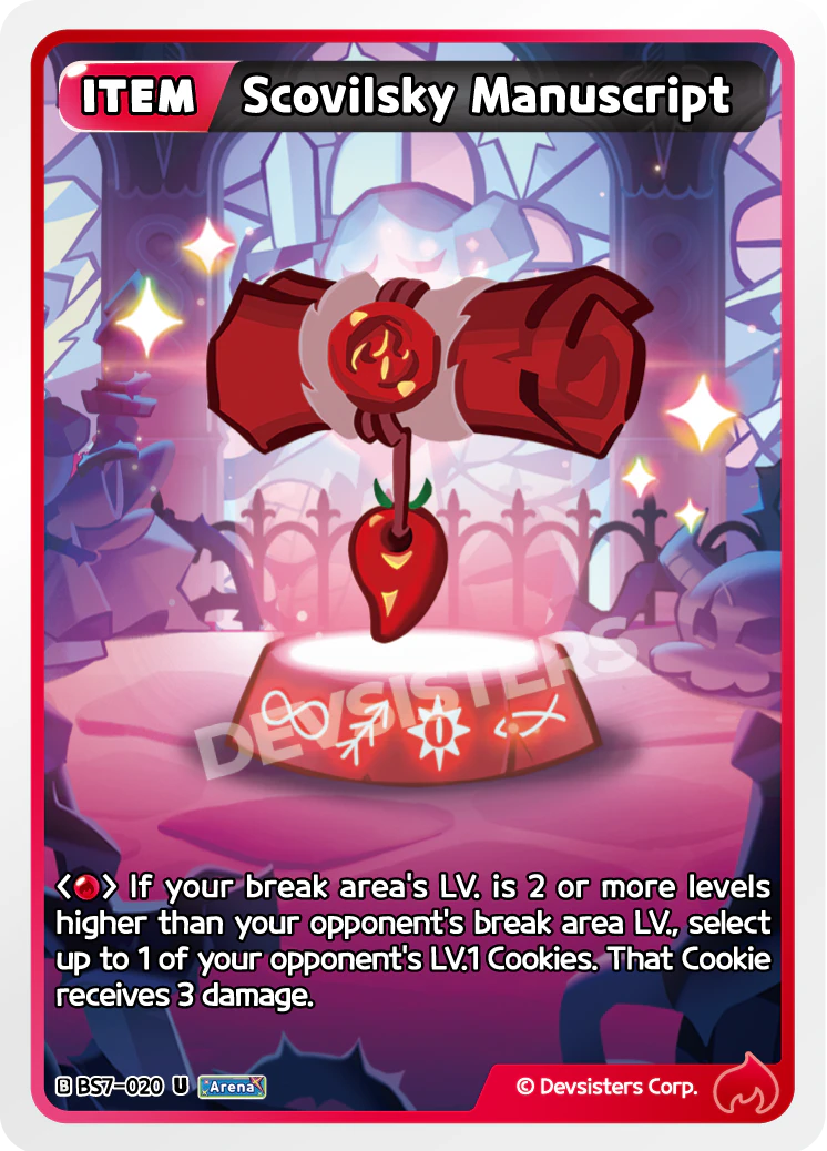 Official Scovilsky Manuscript card (BS7-020), a Red Item that deals 3 damage to an opponent's LV.1 Cookie when you are behind on break-area level