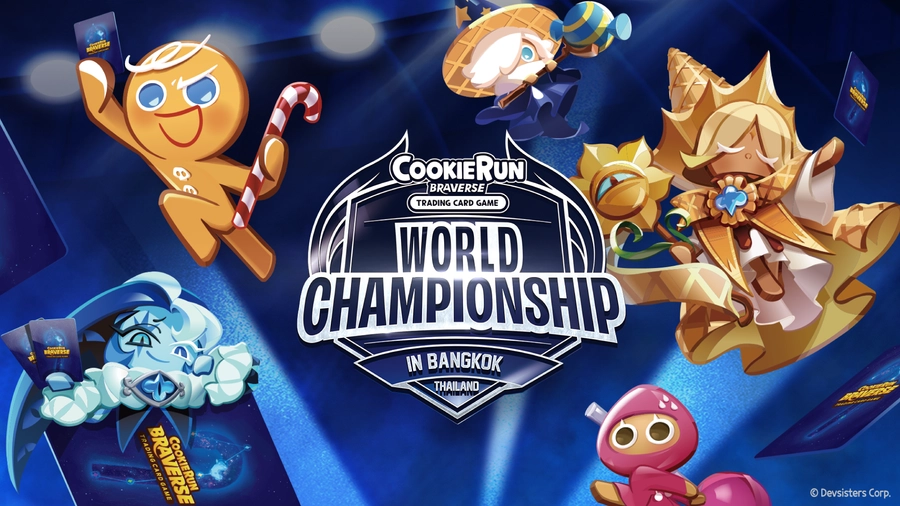 Official Devsisters promotional graphic for the CookieRun: Braverse TCG World Championship in Bangkok, Thailand, featuring GingerBrave, Frost Queen Cookie, Golden Cheese Cookie and Wildberry Cookie under the World Championship wordmark.