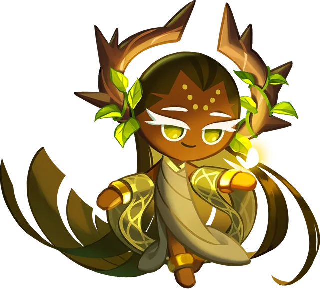 Millennial Tree Cookie's official illustration: the only Legendary Support Cookie in Cookie Run: Kingdom, with branching antlers wrapped in green leaves.