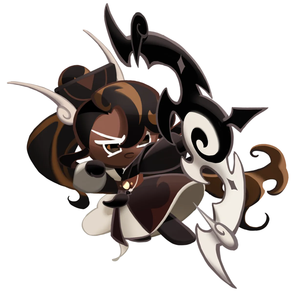 Caramel Arrow Cookie, the Epic Ranged cookie prioritized to the Front position, drawing her black-and-white horn bow in her official illustration.