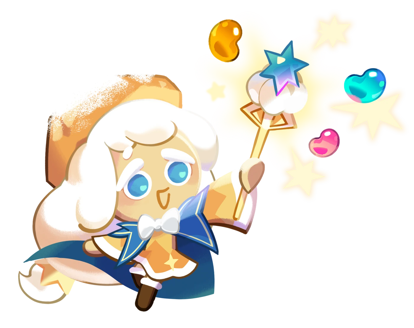Cream Puff Cookie, the Epic Light-element Support cookie this toppings build guide covers, in her wizard robes and pointed hat.