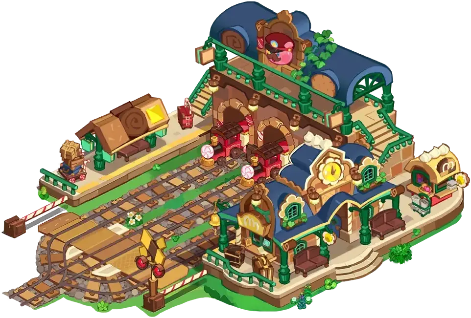 The default Choo Choo Station design of the Bear Jelly Train in Cookie Run: Kingdom, loaded with kingdom goods.