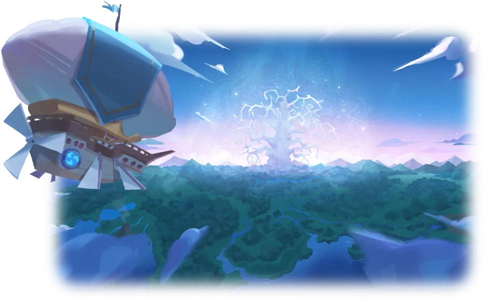 The airship flying over Beast-Yeast's forests toward a giant glowing white tree, the banner art cookierun.wiki uses for World Exploration: Beast-Yeast in Cookie Run: Kingdom.