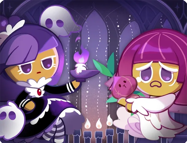 The Ghost of the Tower Bond illustration from Cookie Run: Kingdom, pairing Blackberry Cookie and Onion Cookie — both farmable on three Dark Mode stages each.