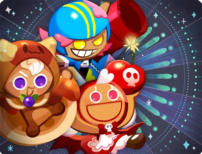 The Night of Tricksters Bond illustration from Cookie Run: Kingdom, a three-Rare Bond whose members all appear on three Dark Mode soulstone stages.