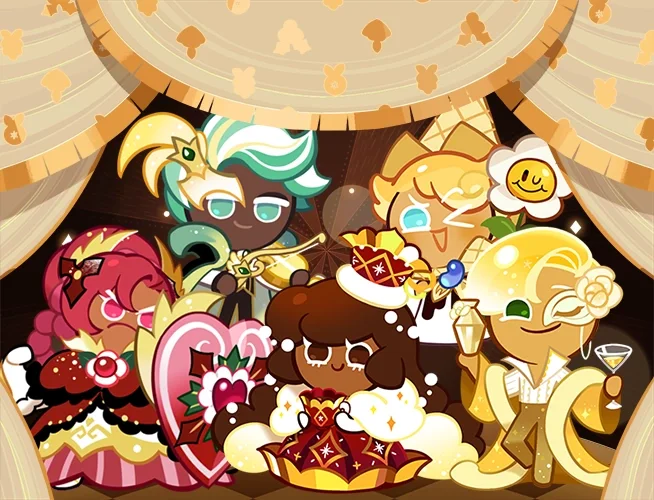 Official artwork for the Annual Grand Ball Costume Set, showing Cookies in formal ballroom costumes under theater curtains.