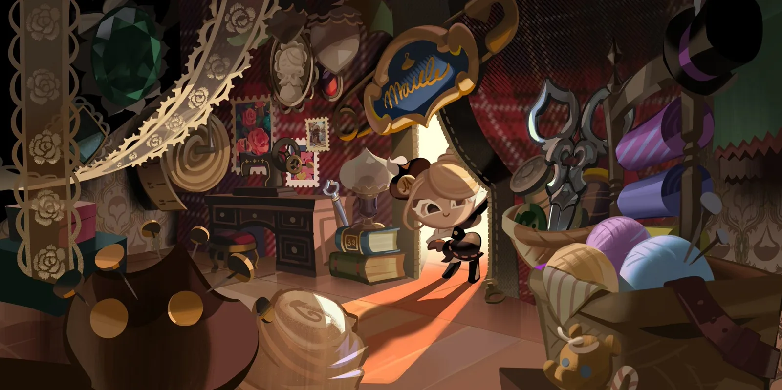 Mont Blanc Cookie peeking into her cluttered boutique stocked with lace, thread spools, and giant scissors — official promo art for Cookie Run: Kingdom's costume shop.