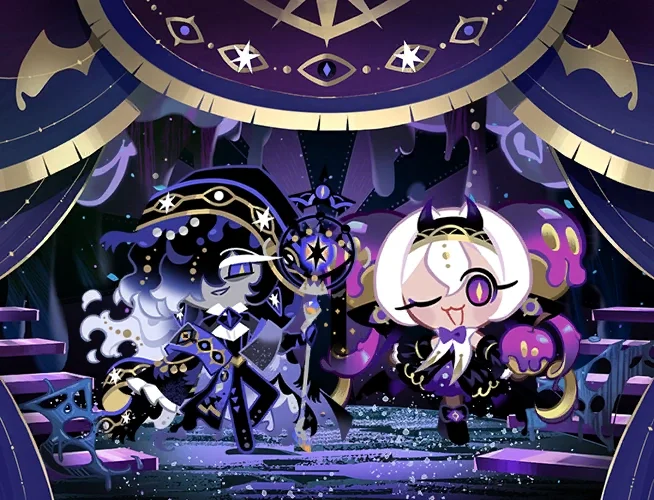Artwork for The End is Nigh Legendary Costume Set, with Black Sapphire Cookie and Candy Apple Cookie in dark masquerade costumes on a purple stage.