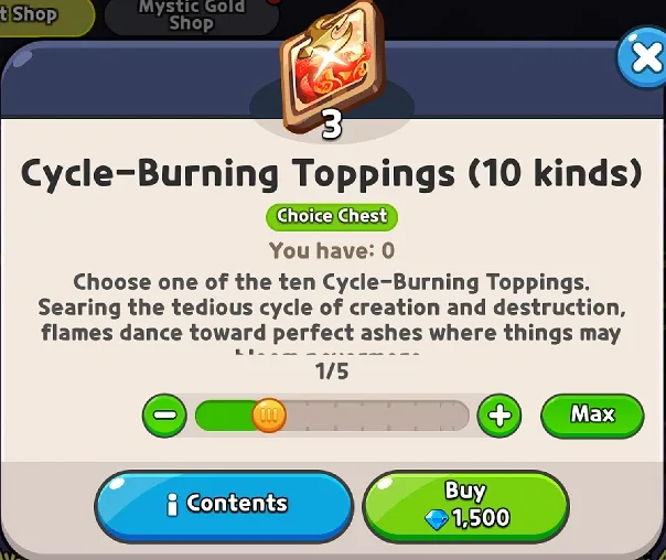 The Cycle-Burning Toppings Choice Chest in Cookie Run: Kingdom, which lets you pick one of the set's ten Topping types.
