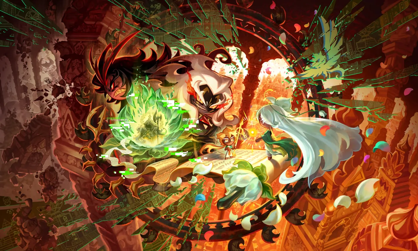 The Cookie Run: Kingdom v7.9 Mortal Flames, Eternal Change title screen, with Rajapendra Cookie and Mogra Cookie in a burning temple.