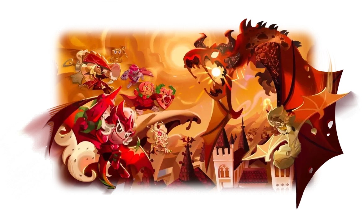 The Legend of the Red Dragon Special Episode unlock screen in Cookie Run: Kingdom, showing Dragon City beneath a circling red dragon.