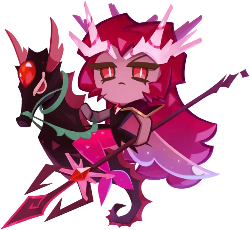 Crimson Coral Cookie official illustration from Cookie Run: Kingdom, the Front-line cookie who boosts the effectiveness of received DMG Resist buffs by 30%.