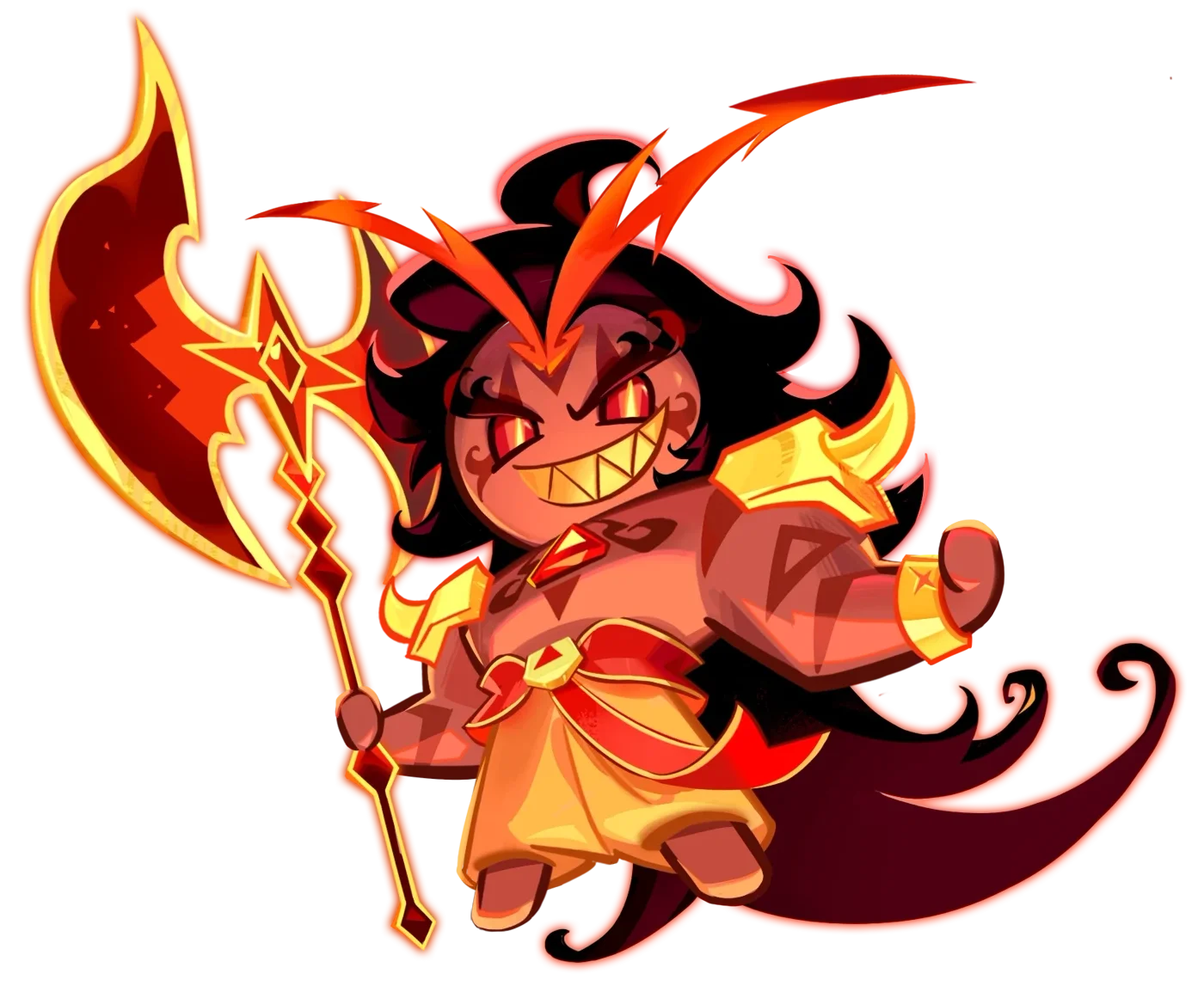 Burning Spice Cookie official illustration from Cookie Run: Kingdom, the Fire-type whose passive caps allied DMG Resist at 50% and whose Fire Pit bypasses 40% of enemy DMG Resist.